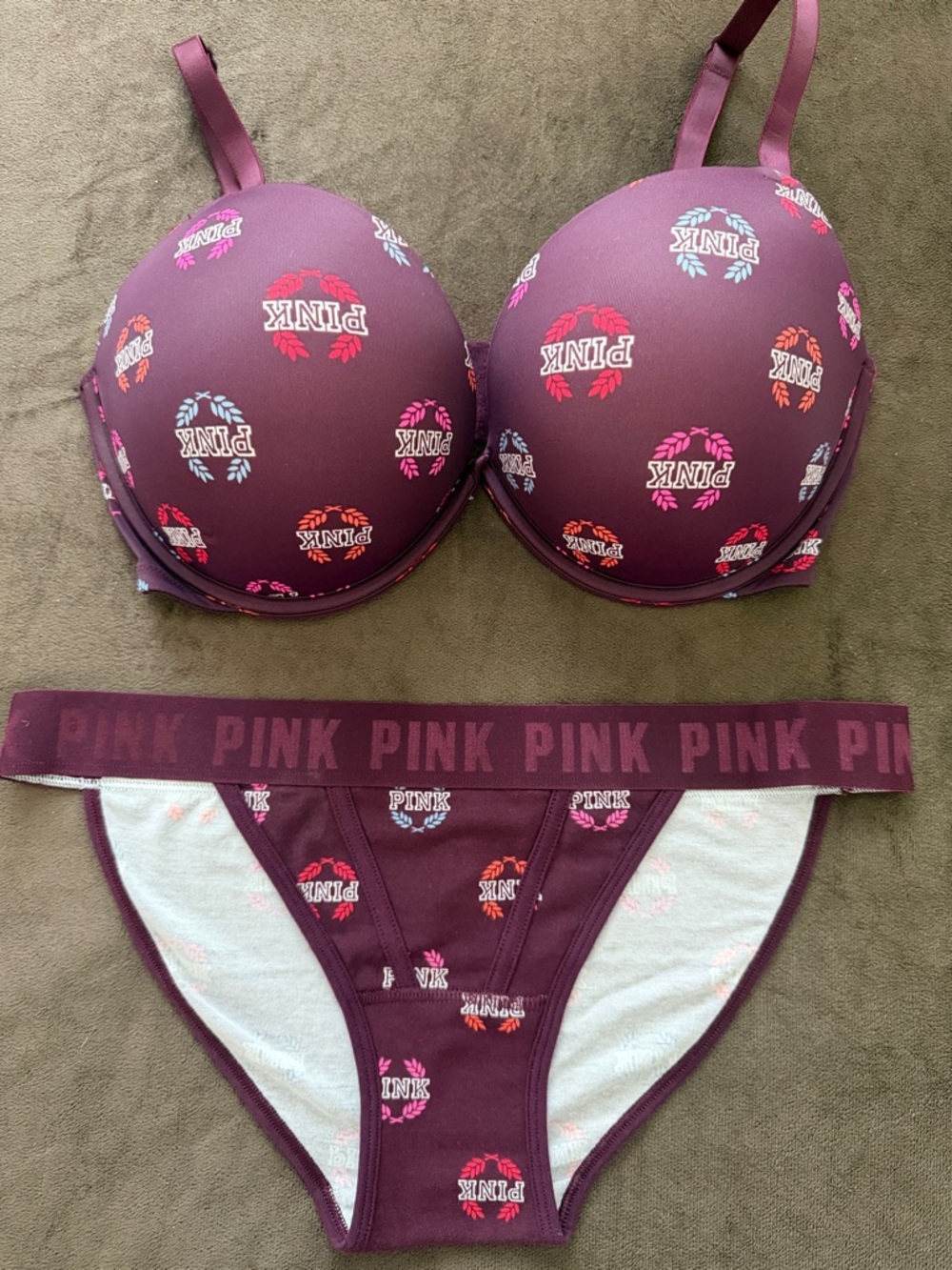 PINK Victoria's Secret Burgundy & Pink Logo Push-Up Bra and Bikini
